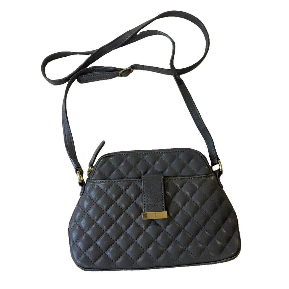 Talbots Quilted Gray Leather Crossbody Bag Gold Hardware Flap Pocket Purse Chic